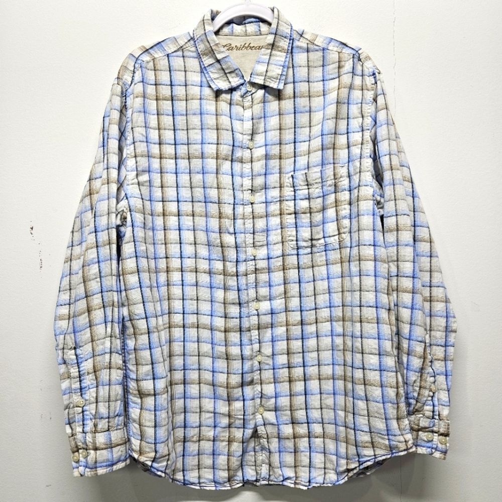 Caribbean Mens Linen Cotton Button Up Plaid LS Shirt Size Large Beach Travel